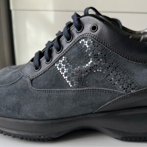 Hogan Women's Dark Gray/Blue Suede Sneakers with Sequin Accents